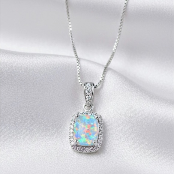 3Ct Cushion Cut Fire Opal Diamond Halo Pendant 18" Necklace Sterling Silver - Picture 6 of 10